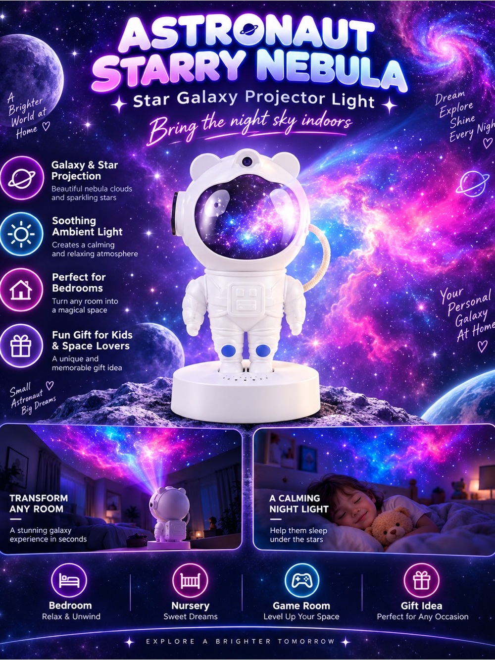 Astronaut Starry Nebula Projector Light - White